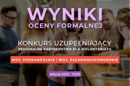 Wyniki oceny formalnej: Konkurs Uzupełniający Regionalne Partnerstwo dla Wolontariatu 2021-2023 [woj. podkarpackie, woj. zachodniopomorskie]